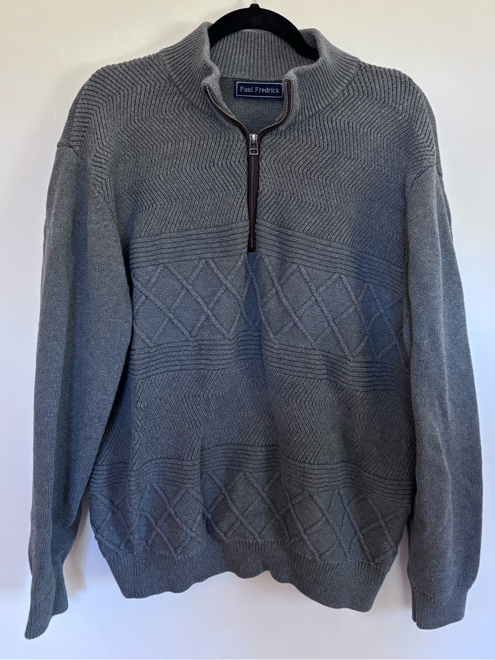 Paul Fredrick Quarter Zip Sweater Men’s Large Gray 100% Cotton Knit Pullover